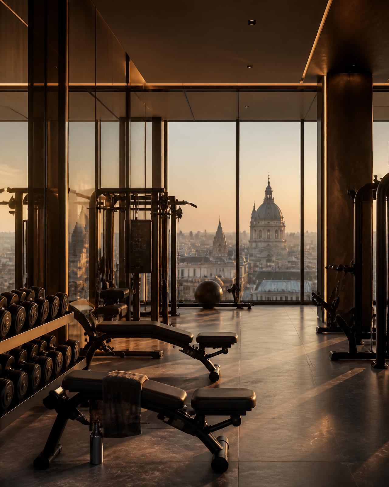 Rooftop training floor with strength equipment overlooking Vienna at dusk