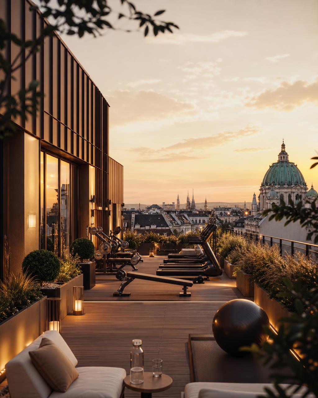 Rooftop terrace of the house at sunset with a view over the domes of Vienna